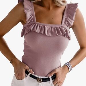 Sleeveless Tank Tops Ruffle Strap Square Neck Blouse Solid Color Knitted Top